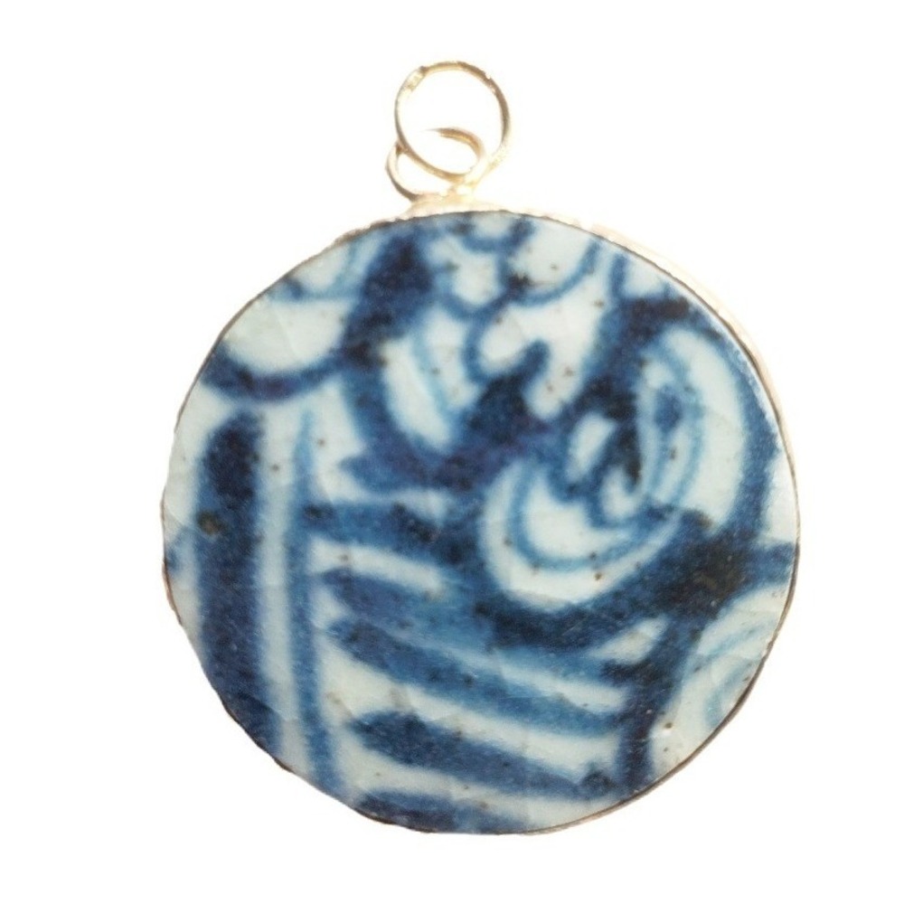 Ming Blue & White‎ Ceramic Pottery Shard Round Pendant for Chinoiserie Jewelry